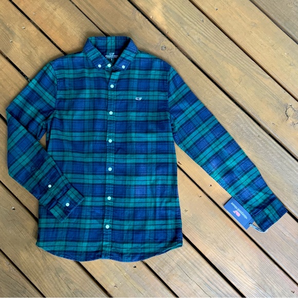 NWT Boy’s Vineyard Vines Black Watch (Charleston Green Plaid) Shirt - Picture 2 of 7